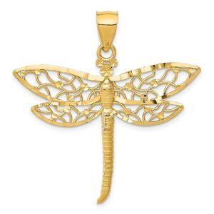 14k Yellow Gold Extra Large Diamond Cut Filigree Dragonfly Pendant
